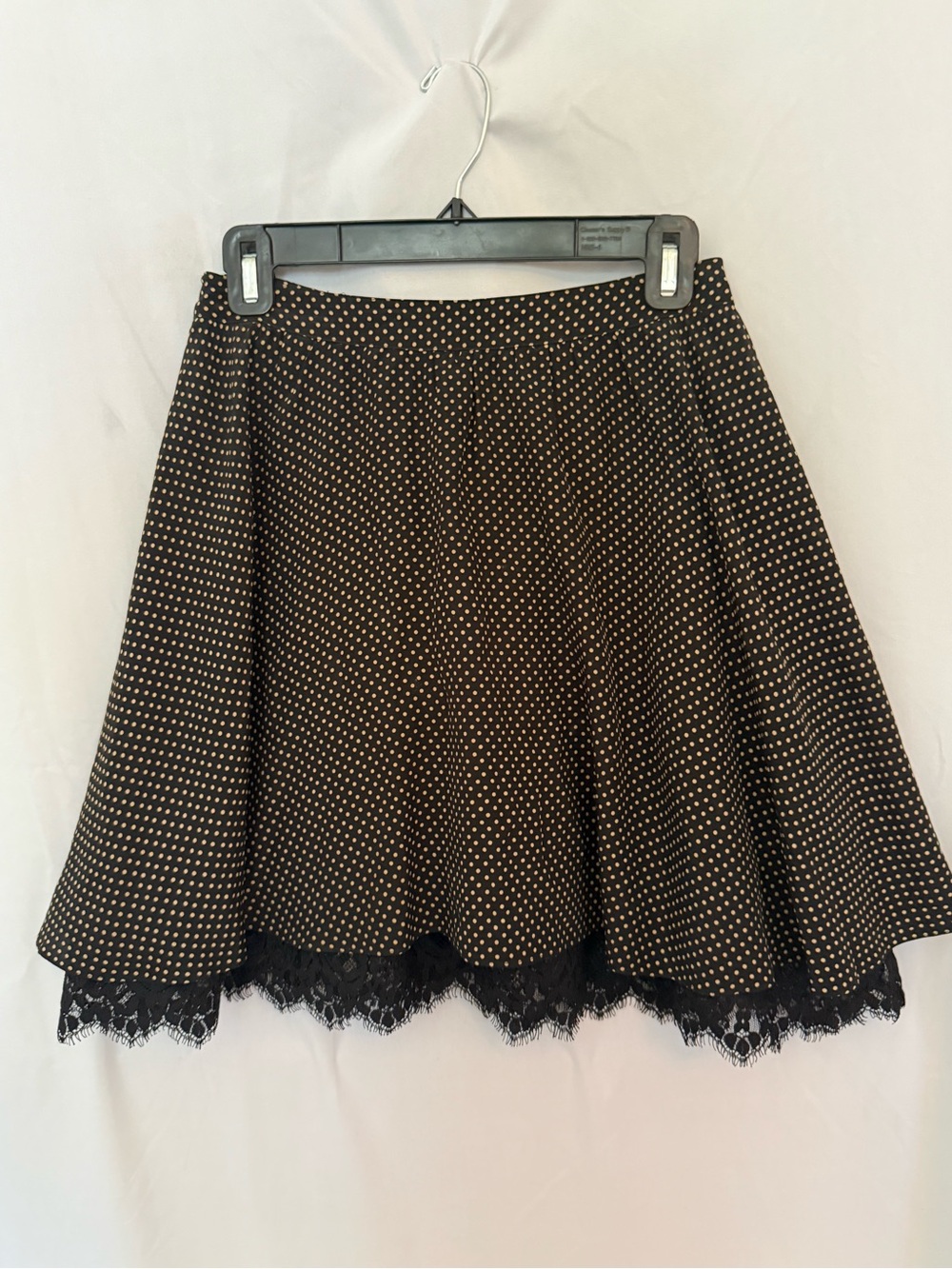 Alice + Olivia Black Polka Dot Skater Skirt with Lace Hem